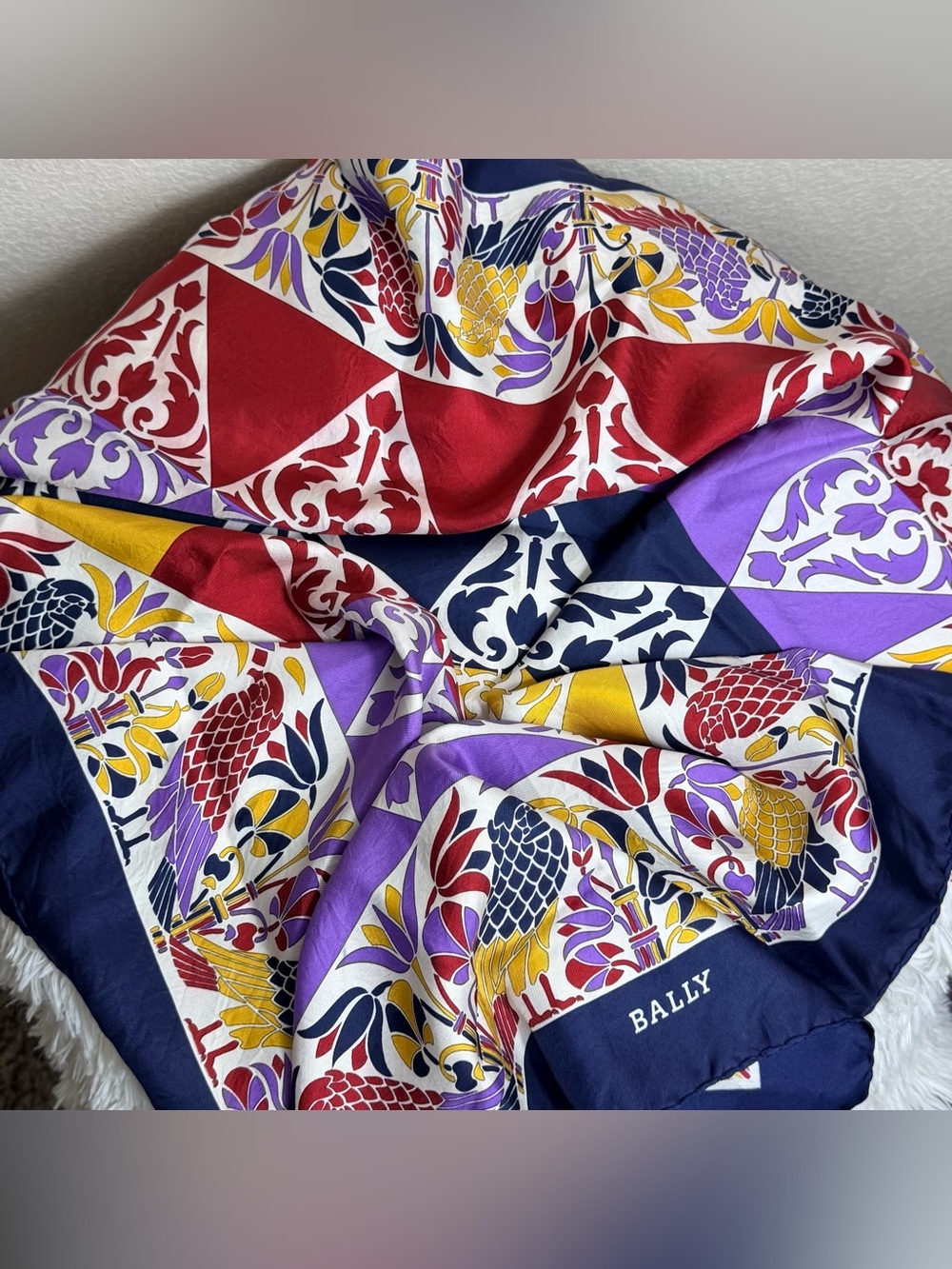 Bally 100% Silk Scarf in Navy, Red, Purple & Yellow